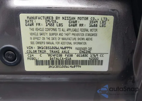 2006 Nissan Sentra 1.8 z USA, uszkodzony, nr VIN 3N1CB51D26L468994